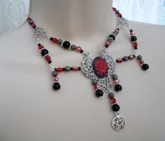 Gothic Rose Pentacle Necklace wiccan jewelry pagan by Sheekydoodle Adjustable Gothic Style Necklaces For Wedding, Adjustable Gothic Style Necklace For Wedding, Gothic Filigree Pendant Jewelry, Red Metal Filigree Jewelry, Red Gothic Metal Necklace, Handmade Gothic Choker Jewelry, Gothic Filigree Necklaces For Gifts, Gothic Dangle Necklaces As Gifts, Gothic Wire Wrapped Pendant Jewelry