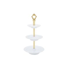 three tiered cake stand with gold handles