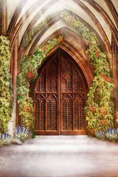 an image of a church entrance with flowers and vines on it shower curtain set size 70 h x 69 w