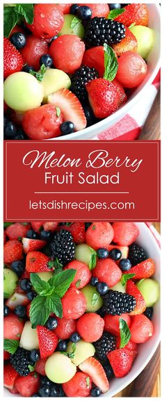 a bowl filled with fresh fruit salad on top of a wooden table next to a red sign