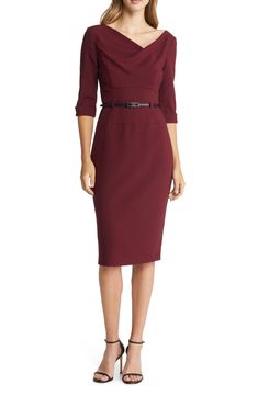 A slender belt accentuates the waist of this figure-skimming sheath that will take you from office meetings to fanciful dinners with sophisticated style. 62% polyamide, 33% viscose, 5% elastane Dry clean Made in the USA of imported fabric Chic Fitted Belted Bodycon Dress, Chic Belted Fitted Bodycon Dress, Chic Belted Bodycon Dress, Fitted Knee-length Belted Dress For Date Night, Elegant Fitted Belted Dress For Date Night, Office Sheath Dress With Belt, Fitted Belted Dress For Date Night, Fitted Classic Belted Dress For Office, Classic Fitted Belted Dress For Office