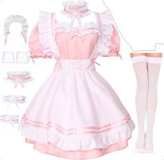 Pink Kawaii Dress For Spring, Halloween Makeup Costume, Kawaii Ruffled Dress For Cosplay, Kawaii Dresses With Bow, Spring Kawaii Pink Mini Dress, Pink Kawaii Dress With Doll Collar, Halloween Costumes Makeup, Apron Dress, White Bow