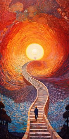 a painting of a person walking up some stairs to the sky with an orange sun in the background