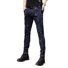 Elevate your wardrobe for the cooler seasons with our 2023 Autumn Collection of navy men's jeans. Crafted with a stretchy material and a stylishly casual mid-rise fit. they'll keep you looking and feeling great all day. Featuring a unique zipper and button closure. these dark wash skinny jeans are the perfect blend of classic and modern style.Why These Jeans Are a Must-HaveHarness the power of fashion with these versatile jeans. combining the best of yesterday and today. With a dark wash and sli Navy Man, Denim Patterns, Autumn Collection, Dark Blue Color, High Rise Denim, Edgy Outfits, Dark Wash Denim, Dark Wash Jeans, Stretchy Material