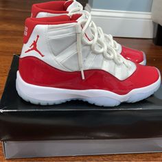 Brand New , Authentic , Size 9 Air Jordan 11 Cherry, Jordan 11 Cherry, Bedazzled Shoes, Custom Sneakers Diy, Bape Hoodie, Pretty Sneakers, Dragon Nest, Cherry Color, Brands Fashion