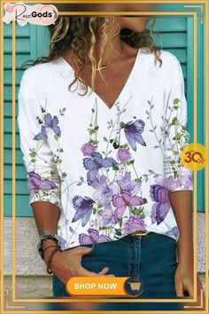 Cotton Casual Regular Fit Long Sleeve Tops Casual V-neck Top With Butterfly Print, Casual V-neck Butterfly Print Tops, Long Sleeve Tops With Butterfly Print For Fall, Non-stretch Graphic Print Tops For Spring, Spring Long-sleeve Tops With Butterfly Print, Spring Long Sleeve Tops With Butterfly Print, White Butterfly Print Top For Fall, Spring Butterfly Print Long Sleeve Tops, Casual Floral Print Tops For Winter