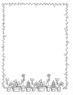 a black and white drawing of potted plants in front of a blank paper with the words