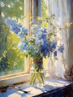 a painting of blue flowers in a vase on a window sill