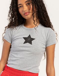 RSQ Womens Star Baby Tee - GRAY | Tillys Flannel Sweatshirt, Star Graphic, Graphic Trends, Rib Knit Fabric, Kids Graphic Tees, Open Knit Sweater, Cargo Skirt, Sweaters And Jeans, Corduroy Jacket