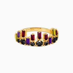 a yellow gold ring with multicolored stones on the sides and black diamonds in the middle