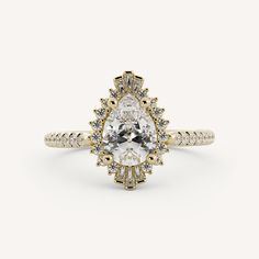 a yellow gold engagement ring with an oval cut diamond surrounded by small round brilliant diamonds