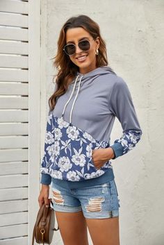 Material: Polyester & Spandex Blend Sizes (measured in inches): S Bust 38 Length 27 M Bust 41 Length 28 L Bust 43 Length 28.5 XL Bust 46 Length 29.5 Patchwork Hoodie, Cowl Neck Hoodie, Floral Hoodie, Winter Sweatshirt, Denim Coat Jacket, Neck Hoodie, Grey Floral, Hooded Sweater, Tee Dress