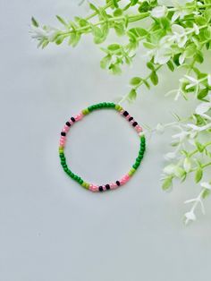 This bracelet is perfect for watermelon lovers Green Crystal Bracelet With Round Beads For Beach, Everyday Multicolor Jewelry Bracelet, Green Stretch Bracelet With Colorful Beads, Green Stackable Stretch Bracelet For Beach, Pink Crystal Bracelet For Everyday Wear, Green Bangle Friendship Bracelets, Stackable Green Beaded Bracelets, Hypoallergenic Bracelets As Summer Gifts, Hypoallergenic Bracelet As Summer Gift