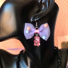 Purple Kawaii Bow Earrings With Pink Gummy Bear Dangle Charms. Super Cute! Ooak Nwt Playful Purple Earrings For Gift, Playful Purple Earrings For Gifts, Playful Purple Dangle Jewelry, Fun Purple Earrings For Gift, Cute Purple Jewelry For Party, Cute Purple Party Jewelry, Cute Purple Earrings For Party, Cute Purple Party Earrings, Fun Purple Dangle Jewelry