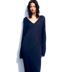 Midnight Blue Color Dress Casual Long Midi Dress For Evening, Blue Knit V-neck Dress, Spring Evening Knit Maxi Dress, Elegant Knit Maxi Dress With V-neck, Elegant Knit V-neck Maxi Dress, Chic Blue Stretch Sweater Dress, Casual Fall Evening Maxi Dress, Casual Evening Maxi Dress For Fall, Long Sleeve Knit Dress For Date Night