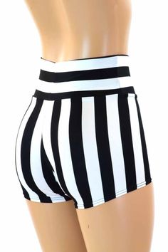 "This item is made to order, please read all the way through the listing before purchasing! These high waisted shorts are made of black and white stripe lycra spandex. They have a smooth stretchy fit, and the high waistband is super flattering! Straight cut leg. LENGTH: 2\" inseam RISE: 11\" Womens Sizing (See below for instructions on where measurements should be taken) XXS: Bust 29\"-30\" / Waist 22\"-23\" / Hips 30\"-32\" Extra Small: Bust 31\"-32\" / Waist 24\"-25\" / Hips 33\"-35\" Small: B Small B, High Waist Shorts, Olive Branch, Skorts, Small Bust, Straight Cut, Stripe Print, High Waisted Shorts, Cheer Skirts