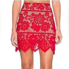 Nwt Embrace The Balmy Evening Atmosphere With The Nightlife-Ready Gianna Mini Skirt. Mini Skirt Features A Floral Lace Overlay In A Sheer, Open Knit. Fitted Waist. Scalloped Hemline. Side Zip Closure. Fully Lined. Self: 62.5% Cotton, 37.5% Nylon; Lining: 90% Polyester, 10% Spandex. Dry Clean Only. Imported. Measurements: Skirt Length: 18 In Waist Measurement: 26 In Red Fitted Skirt For Summer, Fitted Red Skirt For Summer, Fitted Red Mini Skirt For Spring, Lace Mini Skirt For Summer Party, Summer Party Lace Mini Skirt, Red Party Bottoms Mini Length, Red Mini Party Bottoms, Red Party Mini Bottoms, Fitted Red Lace Bottoms