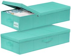 two turquoise storage boxes with lids open and one opened to show money in the bottom