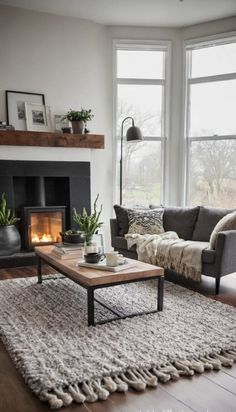 a living room filled with furniture and a fire place in front of a large window