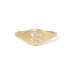 The true beauty of this ring lies in its discreet yet elegant circle of diamonds. Subtly nestled within the design, these diamonds add a touch of understated glamour, elevating your look without overwhelming it. Details: White diamonds .09tcw 14k gold Ready to ship - size 7 All other sizes are made-to-order and can take up to three weeks to ship Minimalist Diamond Ring With Round Cut Accents, Minimalist Diamond Ring With Diamond Accents, Modern Diamond Initial Ring For Promise, Round Diamond Ring With Rose Cut Diamonds For Promise, Timeless Diamond Ring With Rose Cut Diamonds, Timeless Rose Cut Diamond Ring, Elegant Cluster Ring With Single Diamond, Classic White Gold Initial Ring With Diamond Accents, Timeless Yellow Gold Halo Ring With Diamond Accents