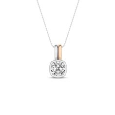 Enhance your elegance with our Coupled Cushion Bezel Necklace, a testament to sophistication and modern design. This exquisite diamond pendant necklace features a bezel-set, lab-grown cushion-cut diamond, radiating brilliance and clarity. Crafted with precision, the necklace boasts a unique double bail design, where two parallel bars elegantly cradle the diamond. The bars can be a combination of lustrous white and rose gold or white and yellow gold. This design not only enhances the beauty of th Modern Square Pendant Necklace With Diamond Cut, Modern Diamond Cut Square Pendant Necklace, Anniversary Solitaire Square Pendant Necklace With Prong Setting, Timeless Rectangular Pendant Jewelry, Diamond White Square Pendant Solitaire Necklace For Anniversary, Fine Jewelry Solitaire Square Pendant Necklace For Anniversary, Square Pendant Solitaire Necklace With Diamond Accents, Elegant Jewelry With Bezel Setting Rectangular Pendant, Square Pendant Diamond Necklace With Prong Setting