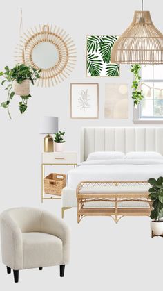 a bedroom with white furniture and plants on the wall