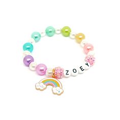 These adorable stretchy bracelets feature an enameled rainbow charm with happy and sad clouds, acrylic alphabet beads, resin rhinestone beads, a pastel rainbow of 10mm acrylic pearls and 8mm white acrylic pearls double strung with durable stretch floss cord. Enter the name one name you would like on each bracelet in the personalization box. Your bracelets will arrive in organza bags making them ready to give as gifts. Please message me if you have any questions or if you would like to make some Novelty Personalized Charm Bracelet For Birthday, Personalized Novelty Charm Bracelet For Birthday, Personalized Adjustable Rainbow Jewelry, Adjustable Personalized Rainbow Jewelry, Multicolor Personalized Novelty Charm Bracelet, Personalized Multicolor Charm Bracelet For Birthday, Personalized Rainbow Beaded Bracelets For Birthday, Personalized Rainbow Beaded Bracelet For Birthday, Personalized Multicolor Novelty Jewelry