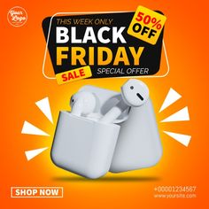 an advertisement for black friday sale with two white airpods