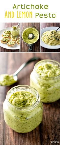 the recipe for artichoke and lemon pesto is shown in three different images