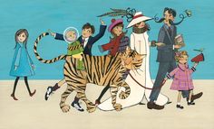 a painting of people and a tiger on the beach