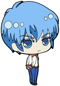 an anime character with blue hair and big eyes, standing in front of a white background