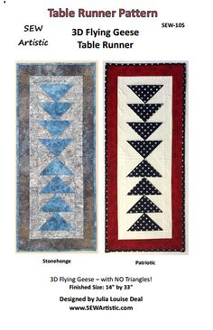 the table runner pattern is shown in three different colors and sizes, with an arrow design on