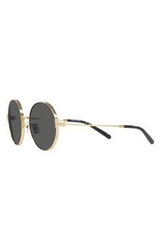 Elevate your chic style with these retro-inspired round sunglasses fitted with full-coverage UV-protective lenses. 54mm lens width; 19mm bridge width; 140`mm temple length 100% UV protection Adjustable nonslip nose pads Metal Imported Luxury Sunglasses With Tinted Lenses And Round Frame, Luxury Sunglasses With Tinted Round Frame, Luxury Round Frame Sunglasses With Tinted Lenses, Luxury Sunglasses With Polarized Round Frame, Luxury Polarized Round Frame Sunglasses, Luxury Sunglasses With Uv Protection And Round Frame, Luxury Round Frame Sunglasses With Uv Protection, Luxury Round Sunglasses With Mirrored Lenses, Modern Aviator Sunglasses With Mirrored Lenses