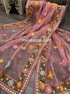 Fine Organza printed dupatta with embroidery. A scalloped edge gives it that special look!! Ceremonial Pink Embroidered Dupatta, Elegant Pink Embroidered Dupatta, Spring Pink Embroidered Dupatta Fabric, Unstitched Pink Organza Dupatta, Floral Organza Dupatta, Pink Embellished Organza Dupatta, Clothing Fabric Patterns, Printed Dupatta, Clothing Fabric