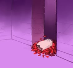 a purple room with red petals on the floor and a round object in the corner