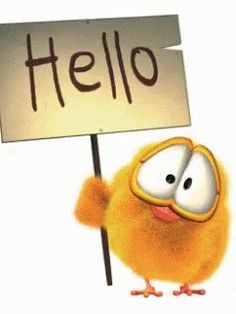 a yellow bird holding a sign that says hello