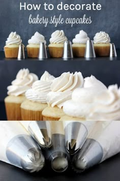 cupcakes with white frosting and icing on top are arranged in rows