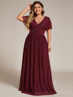 Plus Size V-Neck Glittery Short Sleeves Formal Evening Dress with Empire Waist #color_Burgundy Maroon Bridesmaid Dresses Burgundy, Mother Of The Bride Dresses Plus Size, Plus Size Maid Of Honor Dress, Formal Plus Size Dresses, Plus Size Bridesmaids, Plus Size Special Occasion Dresses, Formal Dresses Plus Size, Wine Bridesmaid Dresses, Vibe Board