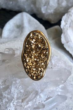 Bold Modernist Gold Gilt Gold Druzy Stone Vintage Ring Ring size 6 3/4 - 7 Weighs 21 grams Gold Cluster Ring With Stone Setting, Gold Rings With Stones Fine Jewelry, Gold Rings With Stones For Anniversary, Gold Oval Ring With Large Stone, Unique Gold Cluster Ring With Gemstone, Gold Crystal Ring With Stones For Anniversary, Unique Gold Rings With Stones, Anniversary Gold Crystal Ring With Stones, Gold Crystal Open Ring With Polished Finish