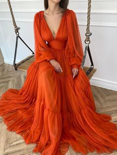 A-Line Evening Gown Elegant Dress Red Green Dress Formal Wedding Guest Floor Length Long Sleeve V Neck Chiffon with Ruched 2024 2024 - $157.99 Green Dress Formal, Orange Evening Dresses, Red Green Dress, Beauty Pageant Dresses, True Autumn, Chiffon Ruffle Dress, Formal Wedding Guests, Orange Chiffon, 파티 드레스