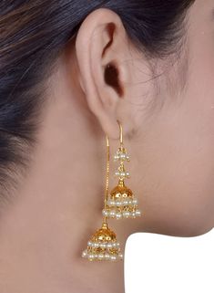 Pure 18 carat Solid Gold Jhumka Earring Gold Plating Silver Hanging Earrings Gold Weight- 8.5 Gram Gross Weight- 11.5 grams 18 ct gold Threader double Jhumka Earrings, Gold Chain Threader with Tiny 2 Jhumki pearl hanging, Screw open hanging Earrings, Gold Jhumka Earring Indian Earring, Indian Wedding Earring 18 Carat gold with certificate. All of our pieces are strong and durable and made with care. Post by fast shipping, delivered with in a week. Gold Jhumka, Gold Jhumka Earrings, Gold Earrings Models, Indian Jewellery Design Earrings, Bangles Jewelry Designs, Gold Jewelry Simple, Gold Bangles Design, Gold Jewellery Design Necklaces, Bridal Gold Jewellery Designs