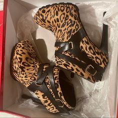 Brand New Guess Shoes Retails For $160!!! Brand New Brown Ankle-high Heels With Padded Heel, Leopard Print Leather Heels With 4-inch Heel, 4-inch Heel Leopard Print Leather Heels, Brown Ankle-high Office Heels, Brown Ankle-high Heels For Office, Ankle-high Brown Heels For Office, Brown High Heel Boots With 4-inch Heel, Leopard Print Closed Toe Leather Heels, Brown Ankle-high Heels For Work