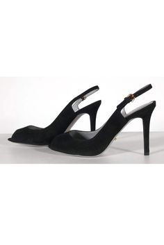 Stylish slingback pumps in a black suede with a flirty open toe. Can be worn day or night with a fitted dress and clutch. Size US 7.5 - EU 37.5 Suede upper Leather lining & sole Made in Italy Peep toe Slingback strap w/ gold-tone buckle No wear on sole Light scuffing on sides of suede Heel height 3.75'" Evening Slingback Sandals With Deep Heel Cup, Black Ankle Strap Slingback Pumps For Gala, Black Slingback Pumps With Ankle Strap For Gala, Chic Ankle Strap Slingback Sandals For Evening, Chic Evening Slingback Sandals With Ankle Strap, Elegant Suede Sandals With 4-inch Heel, Black Suede Sandals With Sculpted Heel, Evening Suede Sandals With Round Toe, Evening Slingback Sandals With 4-inch Heel