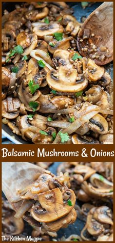 mushrooms and onions are being cooked in a skillet