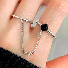 Silver Chain Ring Black Jewel Both Rings Have An Adjustable Opening Super Cute And Trendy Copper Alloy Material Trendy Silver Rings With Adjustable Chain, Silver Open Metal Chain Ring, Trendy Silver Chain Ring Gift, Trendy Silver Chain Ring As Gift, Adjustable Black Alloy Ring, Silver Minimalist Chain Ring, Trendy Silver Metal Chain Ring, Silver Minimalist Open Chain Ring, Minimalist Silver Midi Rings With Adjustable Chain