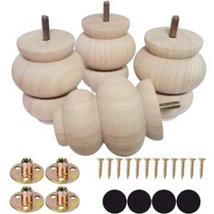 wooden knobs and screws are shown in this image, with the hardware needed to attach them