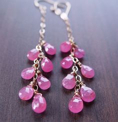 Pink Sapphire Cluster Earrings  14k Gold Chain by friedasophie, $69.00 Handmade Pink 14k Gold Jewelry, Handmade 14k Gold Pink Jewelry, Pink Briolette Sterling Silver Earrings, Pink Sterling Silver Briolette Earrings, Pink Briolette Fine Jewelry Earrings, Fine Jewelry Pink Briolette Earrings, Fine Jewelry Pink Briolette Jewelry, Dainty Pink Wire Wrapped Jewelry, Delicate Pink Drop Jewelry