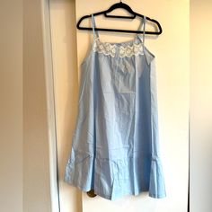 New Light Blue Cotton Nightgown Adjustable Straps Blue Spring Sleepwear For Loungewear, Spring Blue Sleepwear For Loungewear, Blue Sleepwear For Spring Loungewear, Blue Cotton Spring Sleepwear, Blue Cotton Sleepwear For Spring, Blue Summer Sleep Dress, Spring Sleepwear With Lace Trim For Sleepover, Spring Sleepwear With Lace Trim, Spring Lace Trim Nightgown For Loungewear