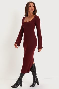 Bring chic energy everywhere you go in the Lulus Classy Attitude Burgundy Ribbed Square Neck Midi Sweater Dress! Soft and stretchy ribbed knit shapes this sweater dress with a square neckline framed by long sleeves with decorative covered button details along the slightly flared, split cuffs. The figure-hugging silhouette flaunts your curves just right before ending at a sophisticated midi hem. Kick pleat at the back allows for movement all day long. Fit: This garment fits true to size. Length: Winter Graduation Outfit Ideas, Burgundy Outfits For Women, Winter Outfits Dress, Classy Attitude, Winter Graduation Outfit, Burgundy Dress Outfit, Dresses For Winter, Formal Winter Outfits, Pretty Midi Dresses