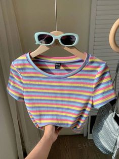 Goal Aesthetic, Shein Clothes, Slim Fit Crop Top, Body Suits, Girls Style, Striped Crop Top, Knitting Girls, Knitted Tshirt, Sky Aesthetic